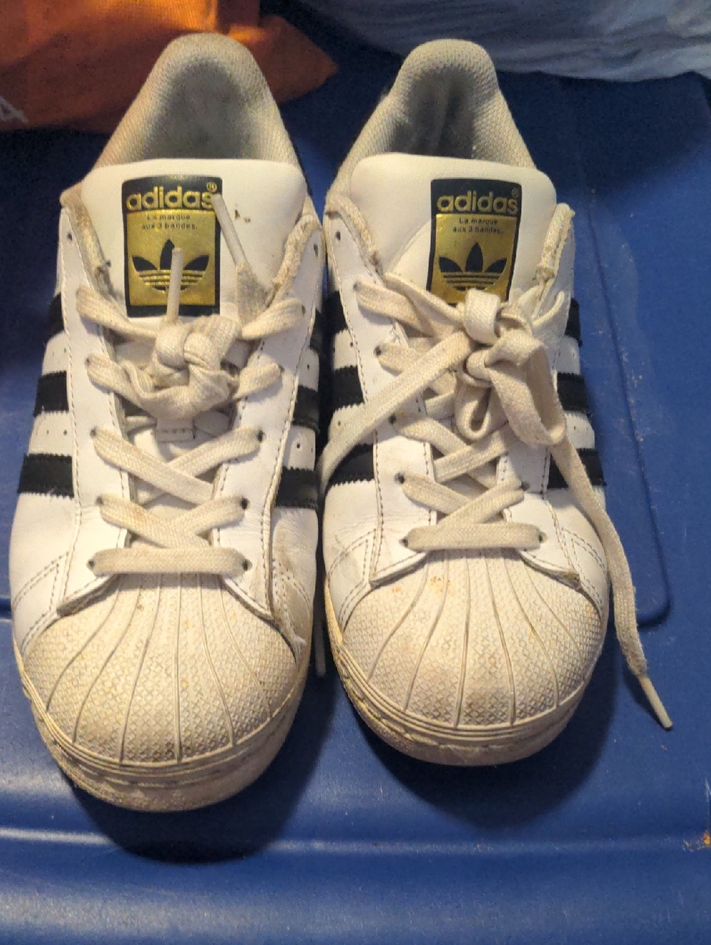 Adidas White and Black Women's Shell-Toe Sneakers with Gold Tongue Badges (6½)